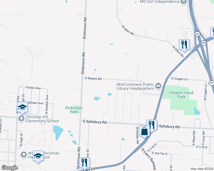 map of restaurants, bars, coffee shops, grocery stores, and more near 14811 East Mayes Road in Independence