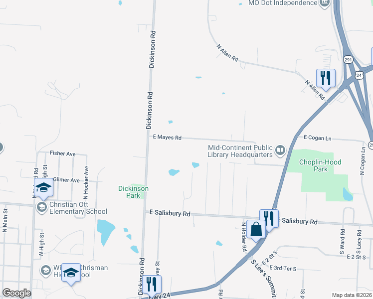map of restaurants, bars, coffee shops, grocery stores, and more near 14811 E Mayes Rd in Independence