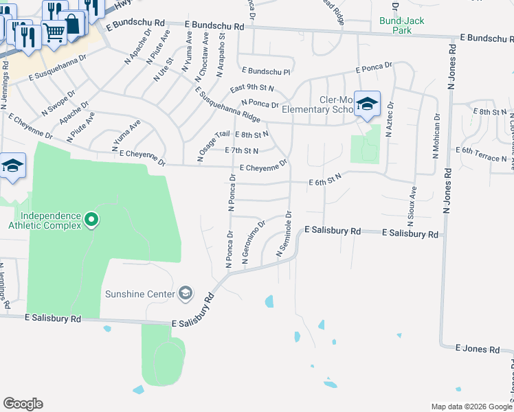map of restaurants, bars, coffee shops, grocery stores, and more near 18508 East 5th Terrace North in Independence