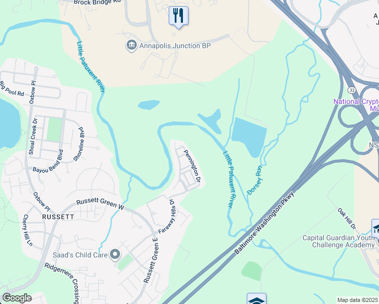 map of restaurants, bars, coffee shops, grocery stores, and more near 8115 Pennington Drive in Laurel