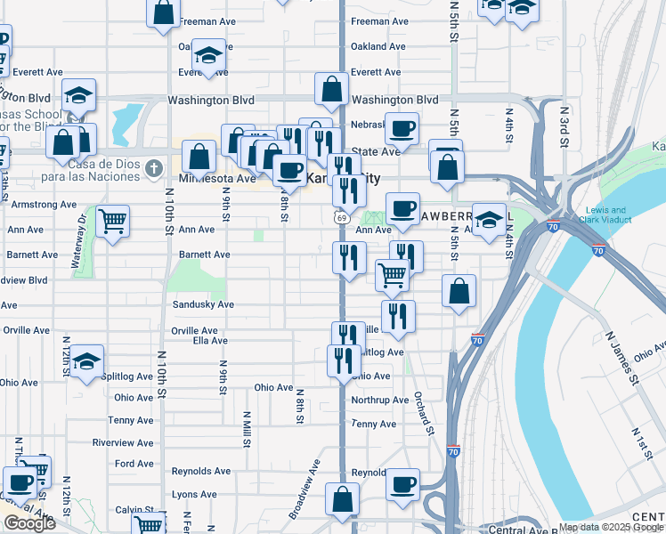 map of restaurants, bars, coffee shops, grocery stores, and more near 600 North 7th Street Trafficway in Kansas City
