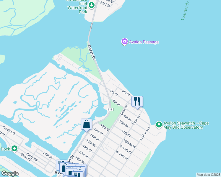 map of restaurants, bars, coffee shops, grocery stores, and more near 11 Inlet Drive East in Avalon