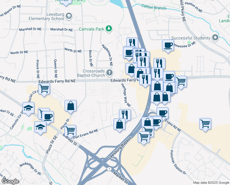 map of restaurants, bars, coffee shops, grocery stores, and more near 85 Adams Drive Northeast in Leesburg