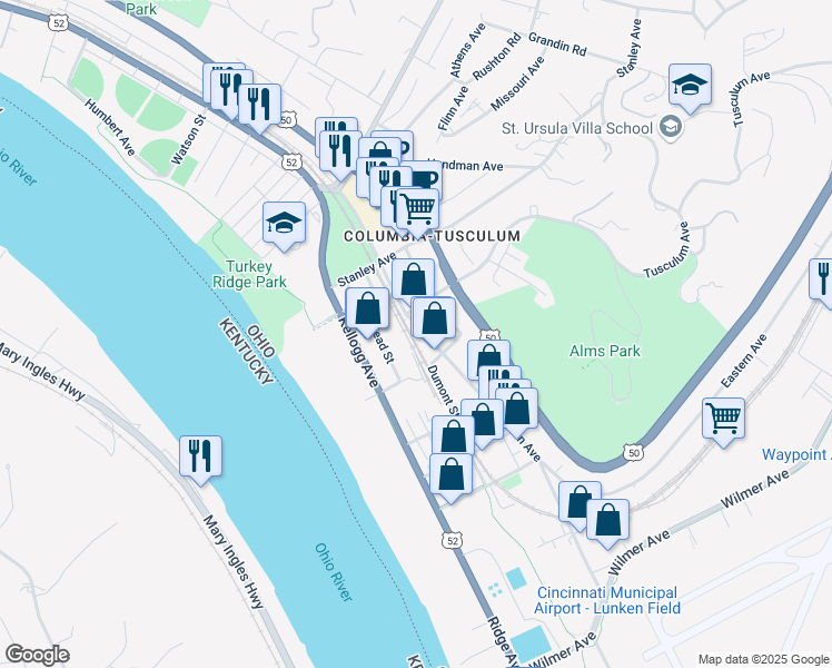 map of restaurants, bars, coffee shops, grocery stores, and more near 3719 Eastern Avenue in Cincinnati