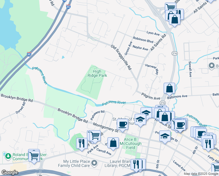 map of restaurants, bars, coffee shops, grocery stores, and more near 9420 Fairview Avenue in Laurel