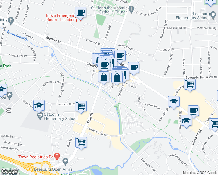 map of restaurants, bars, coffee shops, grocery stores, and more near 4 Stationmaster Street Southeast in Leesburg