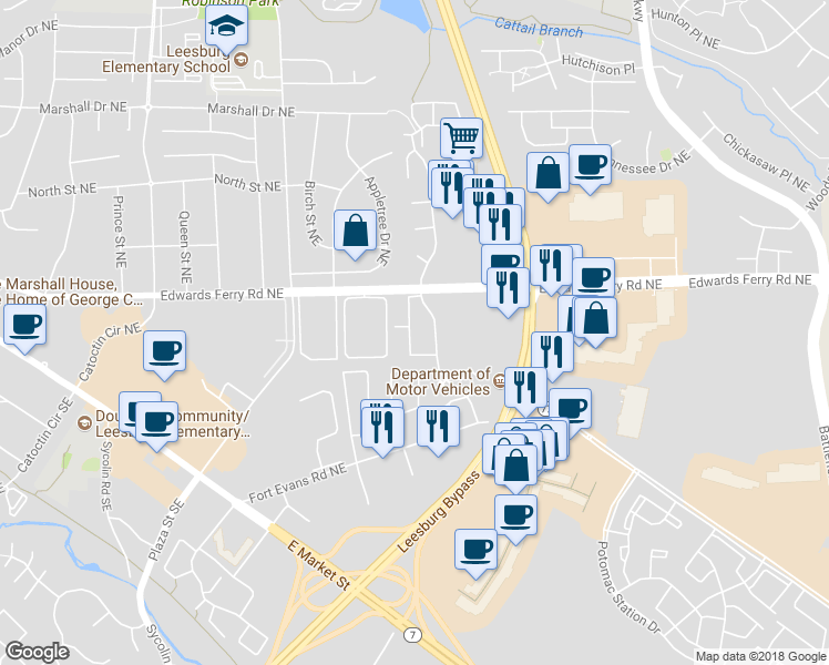 map of restaurants, bars, coffee shops, grocery stores, and more near 96 Adams Drive Northeast in Leesburg