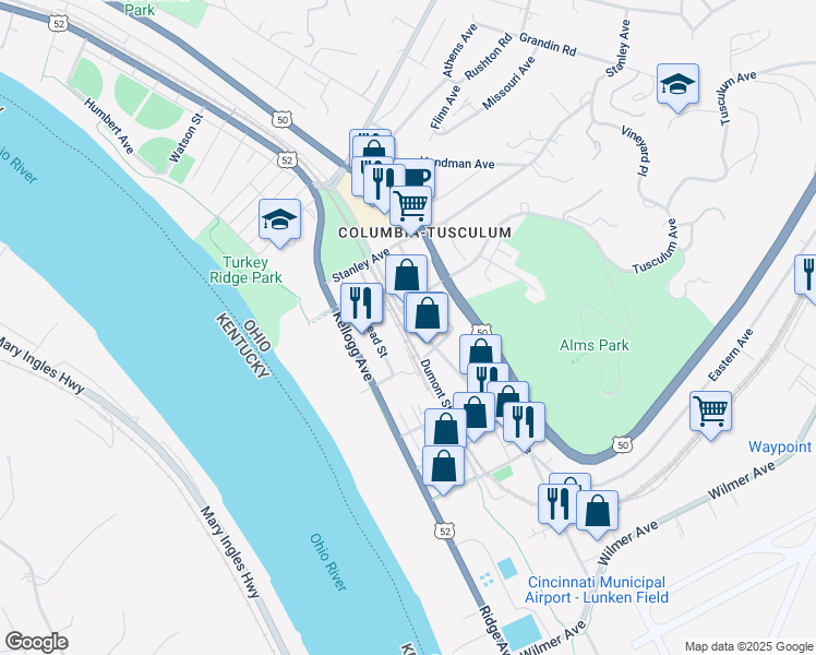 map of restaurants, bars, coffee shops, grocery stores, and more near 3719 Eastern Avenue in Cincinnati