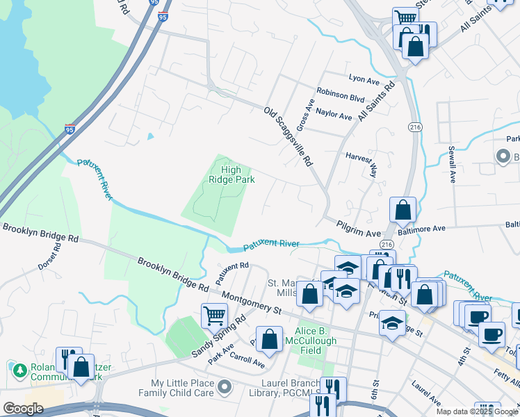 map of restaurants, bars, coffee shops, grocery stores, and more near 9420 Fairview Avenue in Laurel