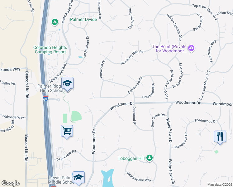map of restaurants, bars, coffee shops, grocery stores, and more near 19410 Wildwood Way in Monument