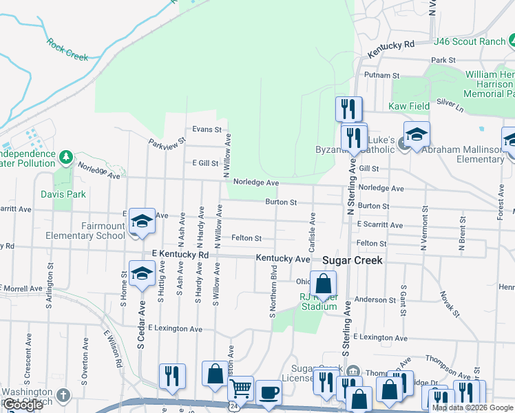 map of restaurants, bars, coffee shops, grocery stores, and more near 10621 Burton Street in Sugar Creek