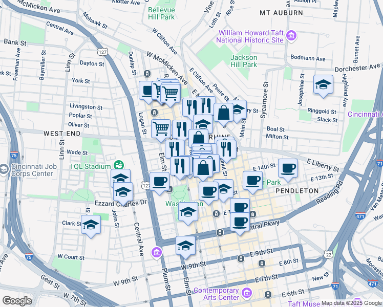 map of restaurants, bars, coffee shops, grocery stores, and more near in Cincinnati