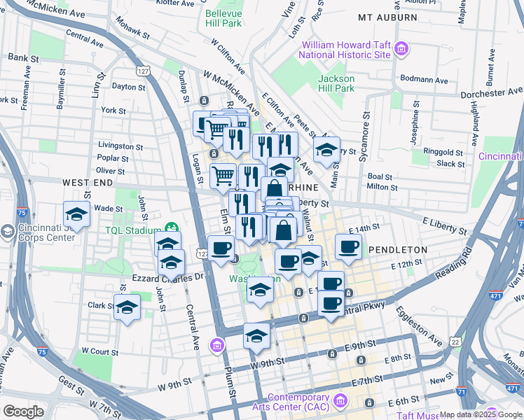 map of restaurants, bars, coffee shops, grocery stores, and more near 1509 Race Street in Cincinnati