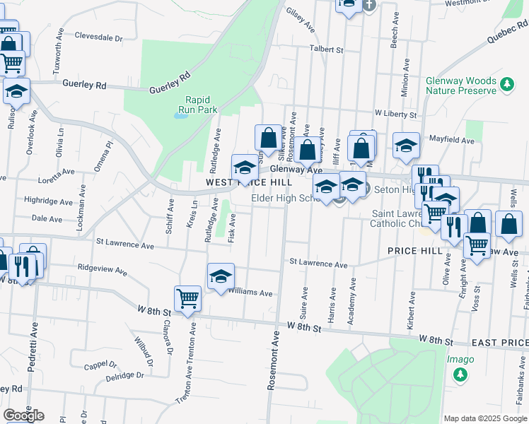 map of restaurants, bars, coffee shops, grocery stores, and more near 1060 Sunset Avenue in Cincinnati
