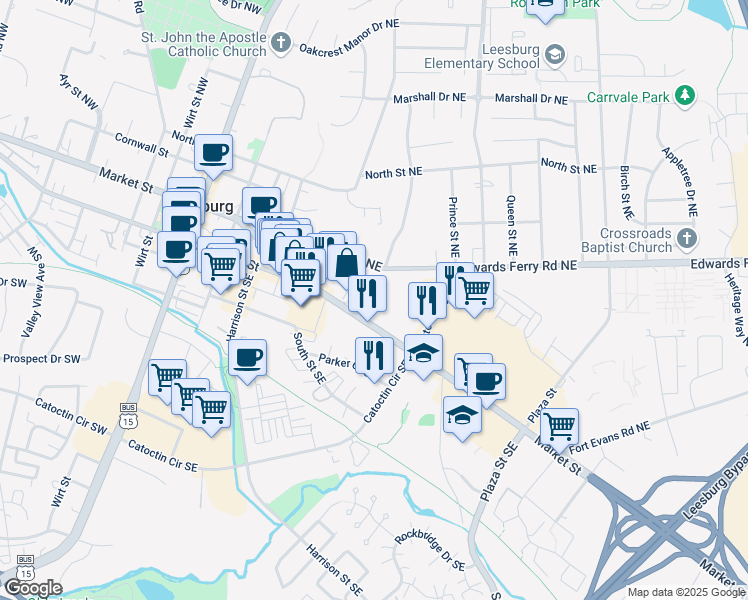 map of restaurants, bars, coffee shops, grocery stores, and more near 326 E Market St in Leesburg