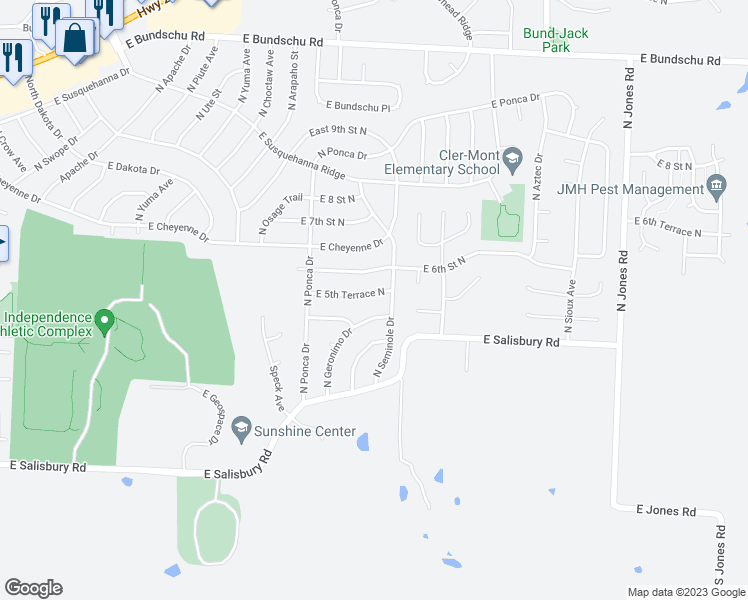 map of restaurants, bars, coffee shops, grocery stores, and more near 18607 East 5th Terrace North in Independence