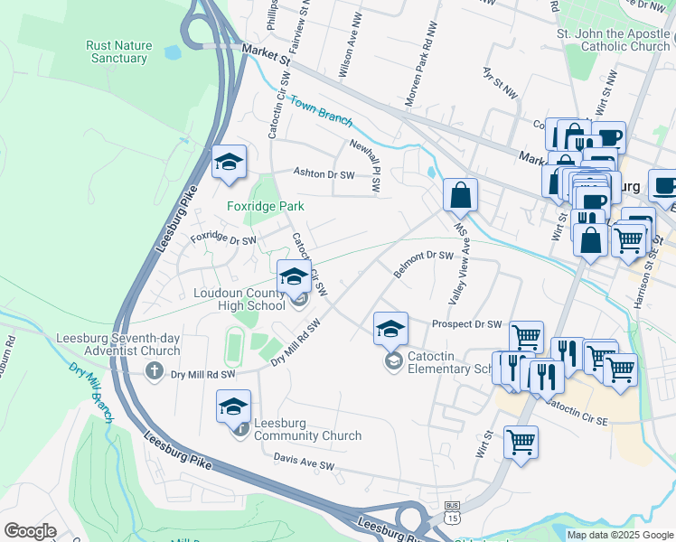 map of restaurants, bars, coffee shops, grocery stores, and more near 315 Dry Mill Road Southwest in Leesburg