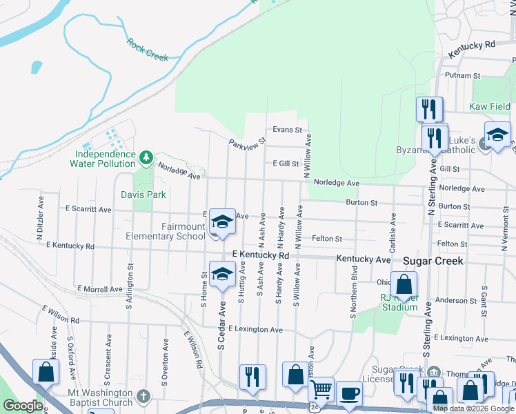 map of restaurants, bars, coffee shops, grocery stores, and more near 211 North Ash Avenue in Independence