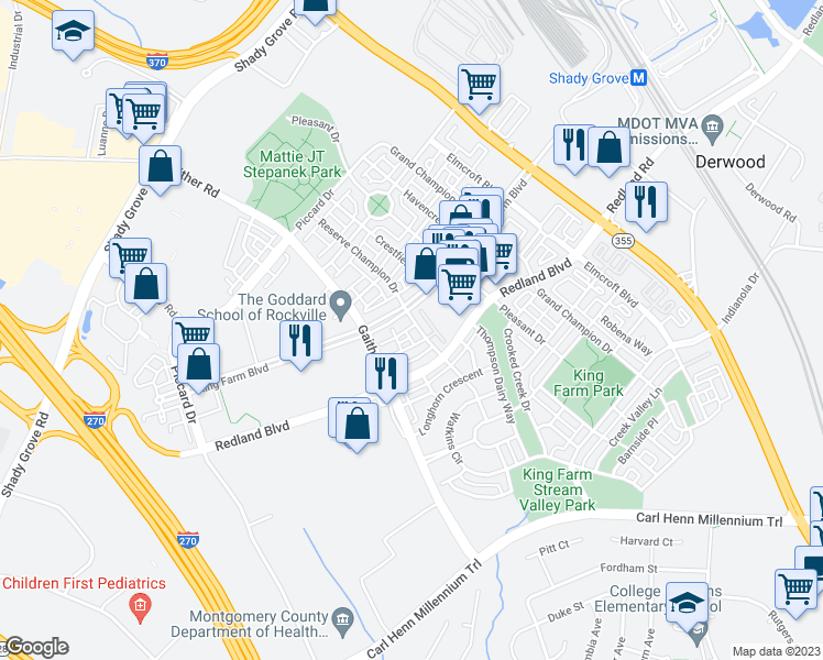map of restaurants, bars, coffee shops, grocery stores, and more near 820 Reserve Champion Dr in Rockville