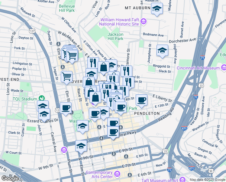 map of restaurants, bars, coffee shops, grocery stores, and more near 1435 Main Street in Cincinnati