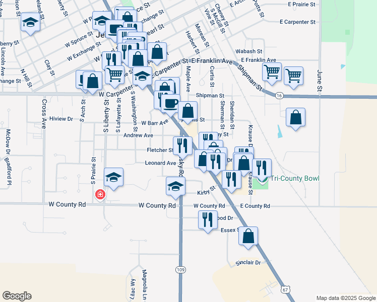 map of restaurants, bars, coffee shops, grocery stores, and more near 810 South State Street in Jerseyville