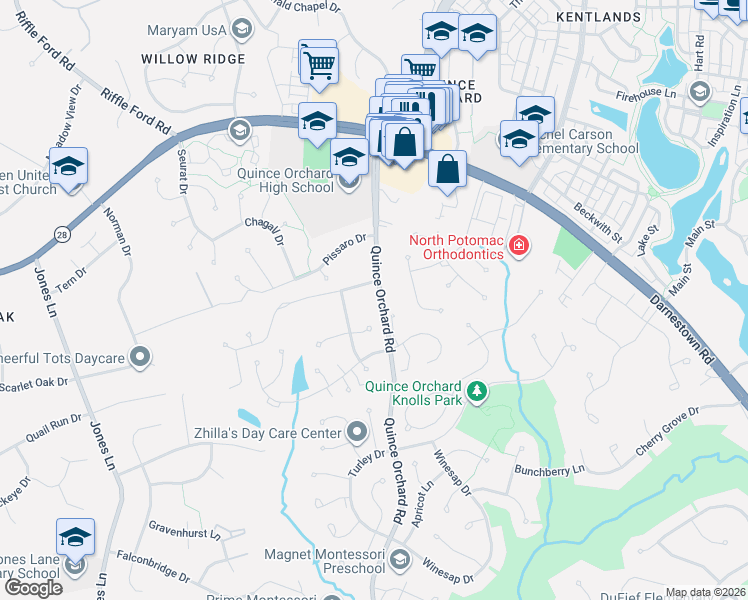 map of restaurants, bars, coffee shops, grocery stores, and more near 15616 Quince Orchard Road in North Potomac