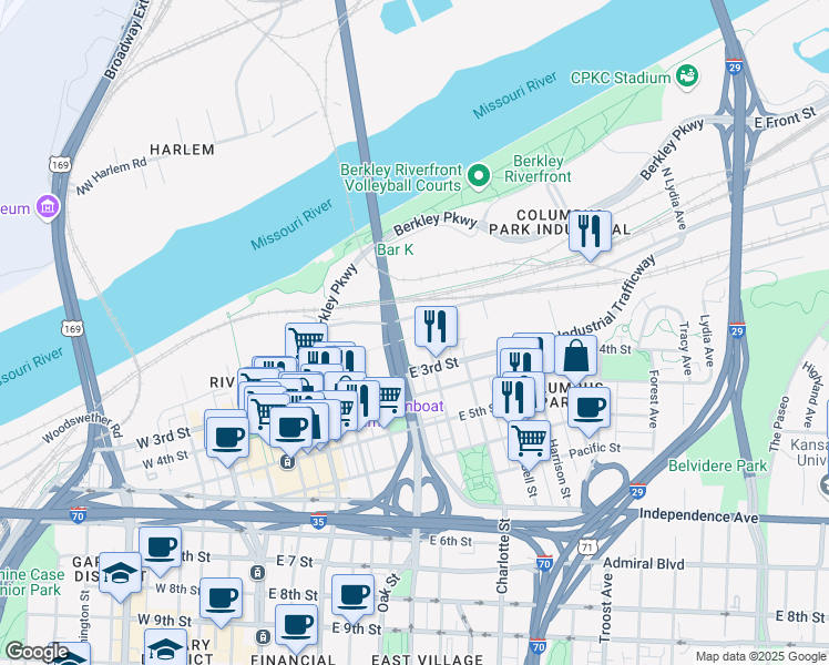 map of restaurants, bars, coffee shops, grocery stores, and more near 114 Holmes Street in Kansas City
