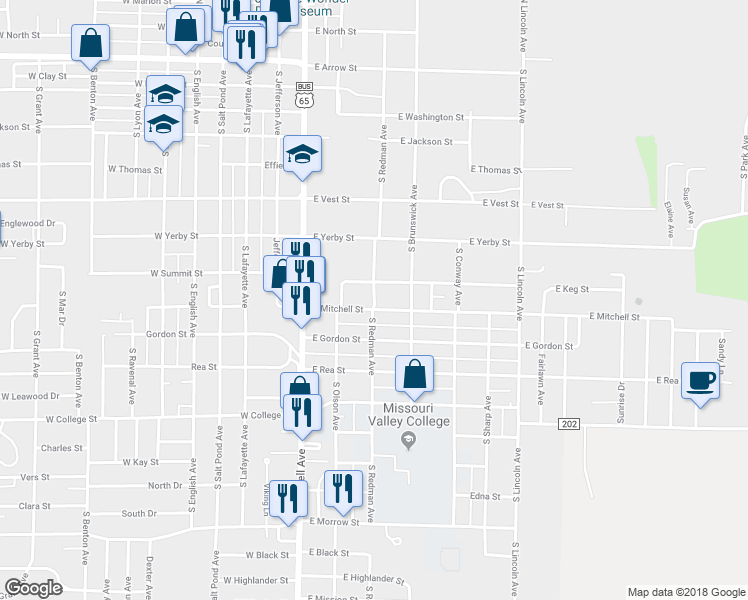map of restaurants, bars, coffee shops, grocery stores, and more near 865 South Redman Avenue in Marshall