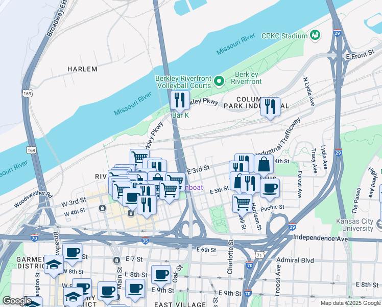 map of restaurants, bars, coffee shops, grocery stores, and more near 114 Holmes Street in Kansas City