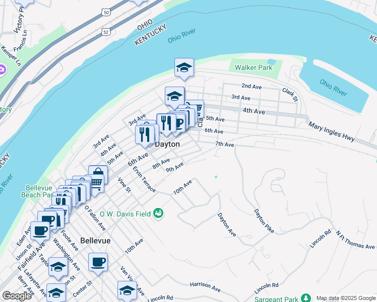map of restaurants, bars, coffee shops, grocery stores, and more near in Dayton