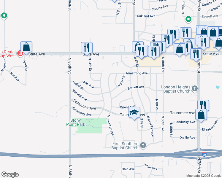 map of restaurants, bars, coffee shops, grocery stores, and more near 8312 Isabel Street in Kansas City