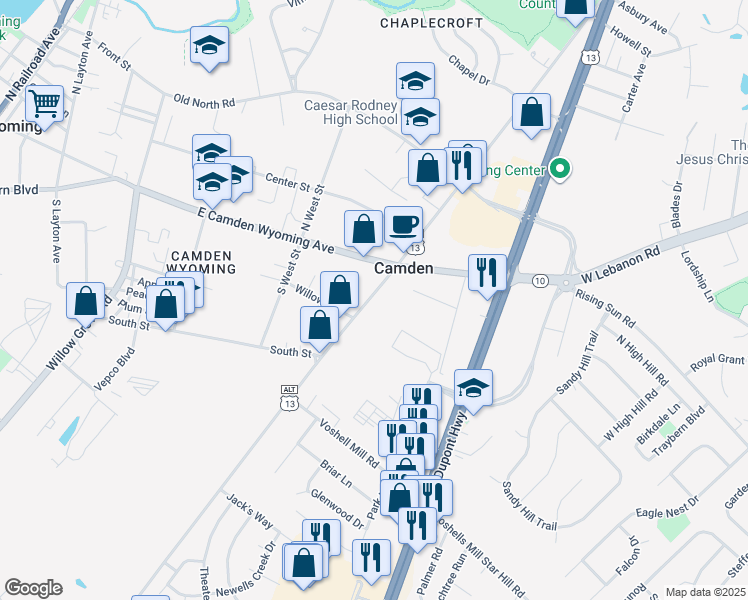 map of restaurants, bars, coffee shops, grocery stores, and more near 27 South Main Street in Camden