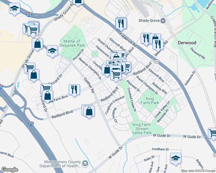 map of restaurants, bars, coffee shops, grocery stores, and more near 803 Reserve Champion Drive in Rockville