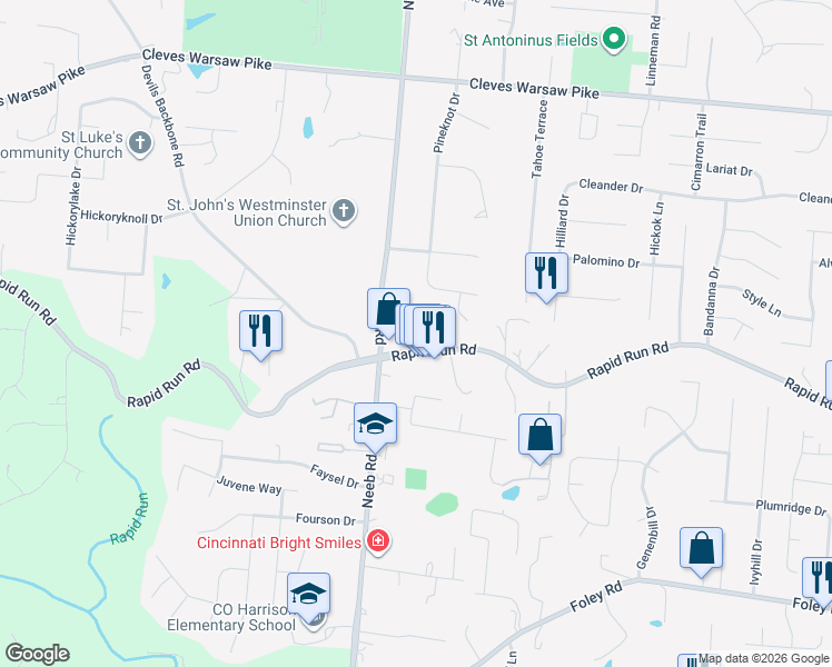 map of restaurants, bars, coffee shops, grocery stores, and more near 5670 Rapid Run Road in Cincinnati