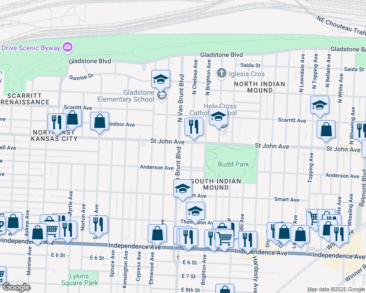 map of restaurants, bars, coffee shops, grocery stores, and more near 103 Van Brunt Boulevard in Kansas City