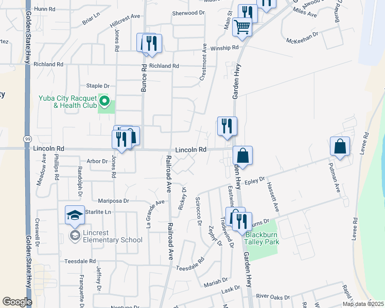 map of restaurants, bars, coffee shops, grocery stores, and more near 750 Lincoln Road in Yuba City