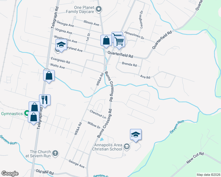 map of restaurants, bars, coffee shops, grocery stores, and more near 26 Burns Crossing Road in Severn