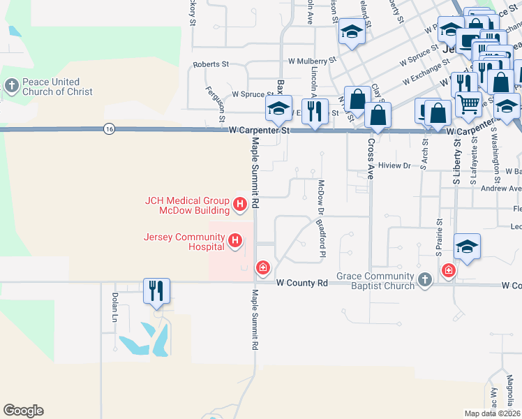 map of restaurants, bars, coffee shops, grocery stores, and more near 270 Maple Summit Road in Jerseyville