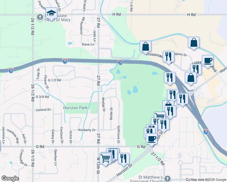 map of restaurants, bars, coffee shops, grocery stores, and more near 740 Wedge Drive in Grand Junction
