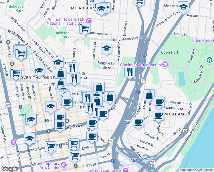 map of restaurants, bars, coffee shops, grocery stores, and more near 530 Liberty Hill in Cincinnati