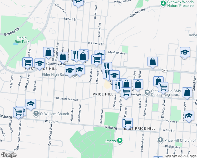 map of restaurants, bars, coffee shops, grocery stores, and more near 1122 Seton Avenue in Cincinnati