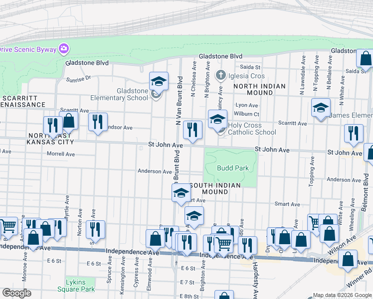 map of restaurants, bars, coffee shops, grocery stores, and more near 103 Van Brunt Boulevard in Kansas City