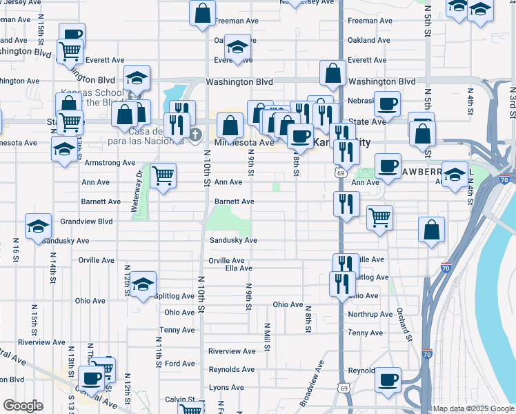 map of restaurants, bars, coffee shops, grocery stores, and more near 847 Barnett Avenue in Kansas City