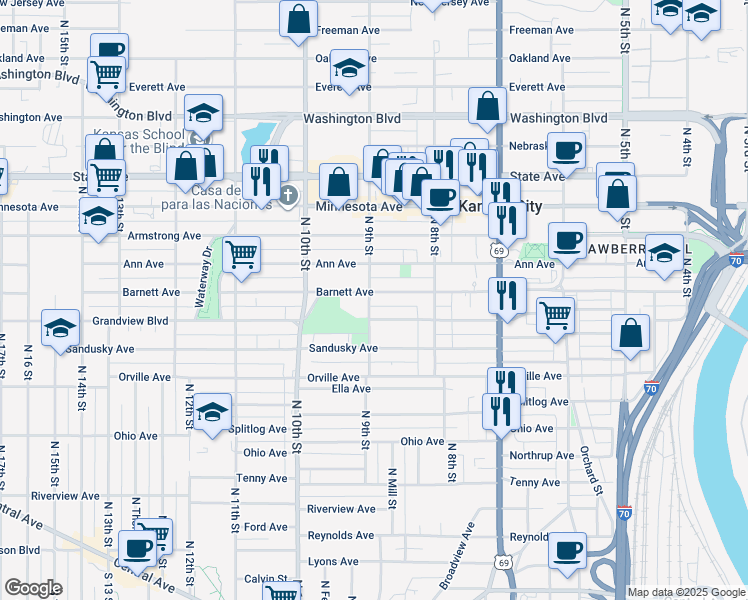 map of restaurants, bars, coffee shops, grocery stores, and more near 847 Barnett Avenue in Kansas City