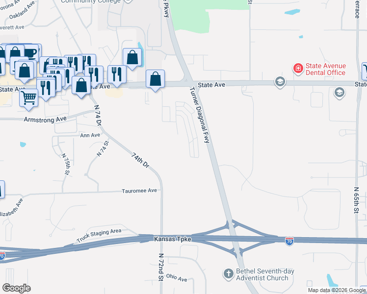 map of restaurants, bars, coffee shops, grocery stores, and more near 731 North 70 Terrace in Kansas City