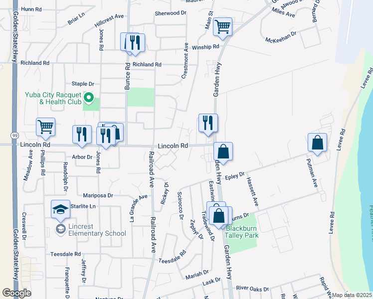 map of restaurants, bars, coffee shops, grocery stores, and more near 672 Lincoln Road in Yuba City