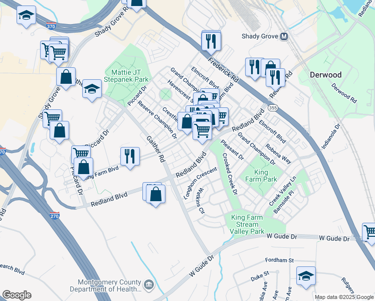 map of restaurants, bars, coffee shops, grocery stores, and more near 803 Reserve Champion Drive in Rockville