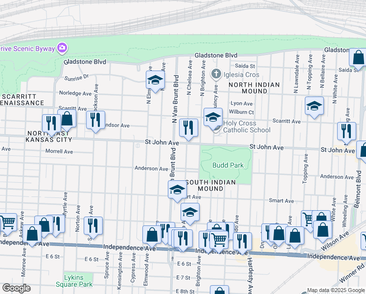 map of restaurants, bars, coffee shops, grocery stores, and more near 103 Van Brunt Boulevard in Kansas City