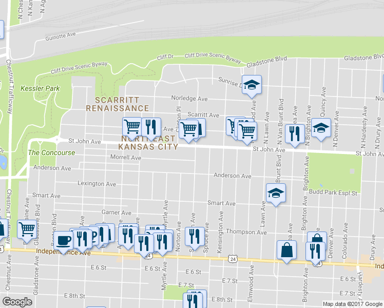 map of restaurants, bars, coffee shops, grocery stores, and more near 112 Jackson Avenue in Kansas City