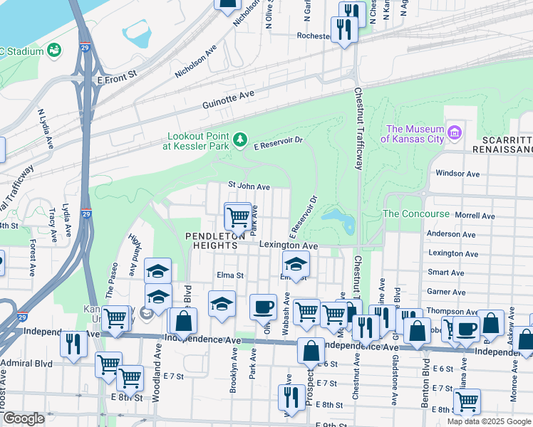 map of restaurants, bars, coffee shops, grocery stores, and more near 132 Olive Street in Kansas City